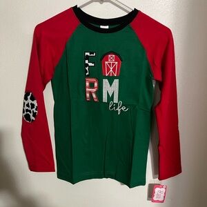 RICRAC‎ & RUFFLES Classic Farm Life Embroidered Long Sleeve T Red Green Girls 10